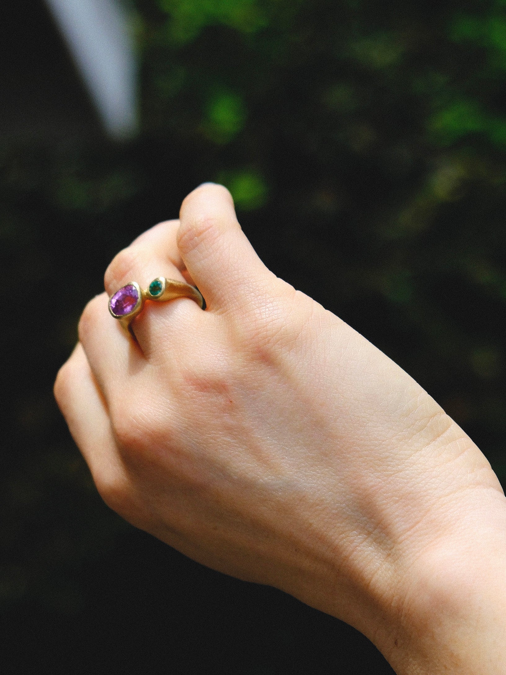 Hand wearing a ring with gemstones against a blurred natural background