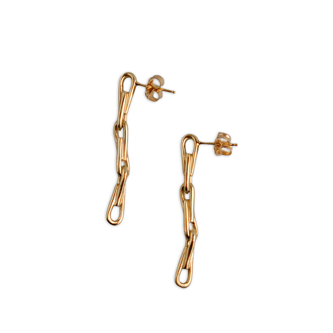 Gold chain earrings on a white background